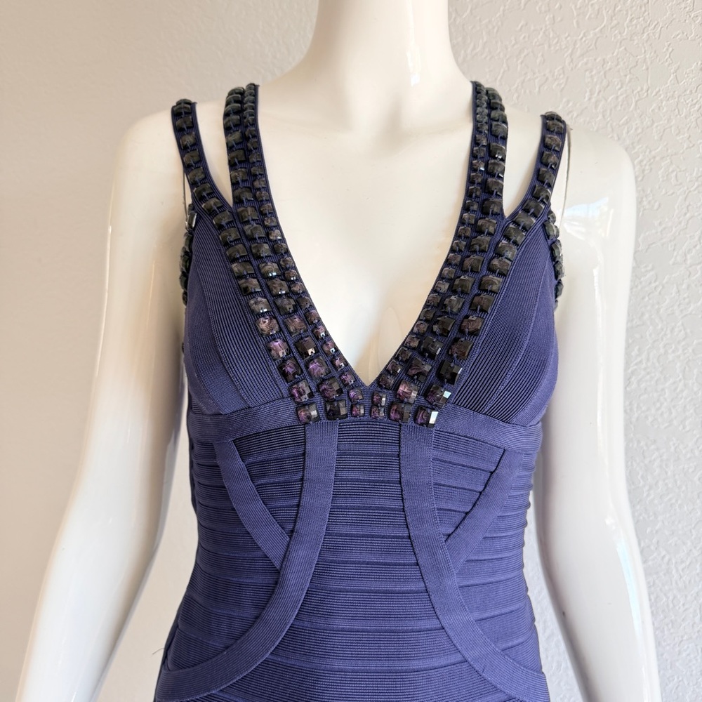 Herve Leger Navy V-Neck embellished Strap Midi Dress - Picture 6 of 8